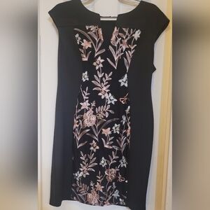 Connected Apparel Capped Shoulder Dress with Floral Embroidery